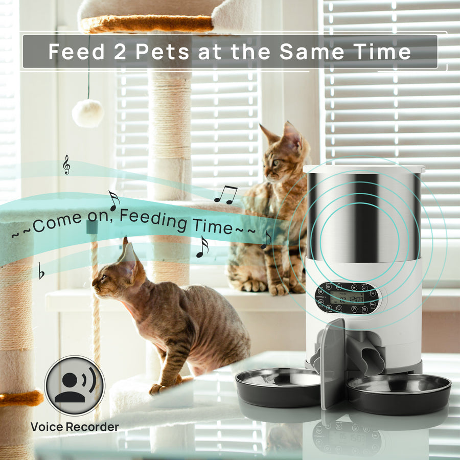 Automatic Cat Feeder Stainless Steel Two-Way Splitter and Double Bowls Pet Feeders Food Dispenser Voice Recorder, Battery and Plug-In Power by U.S.